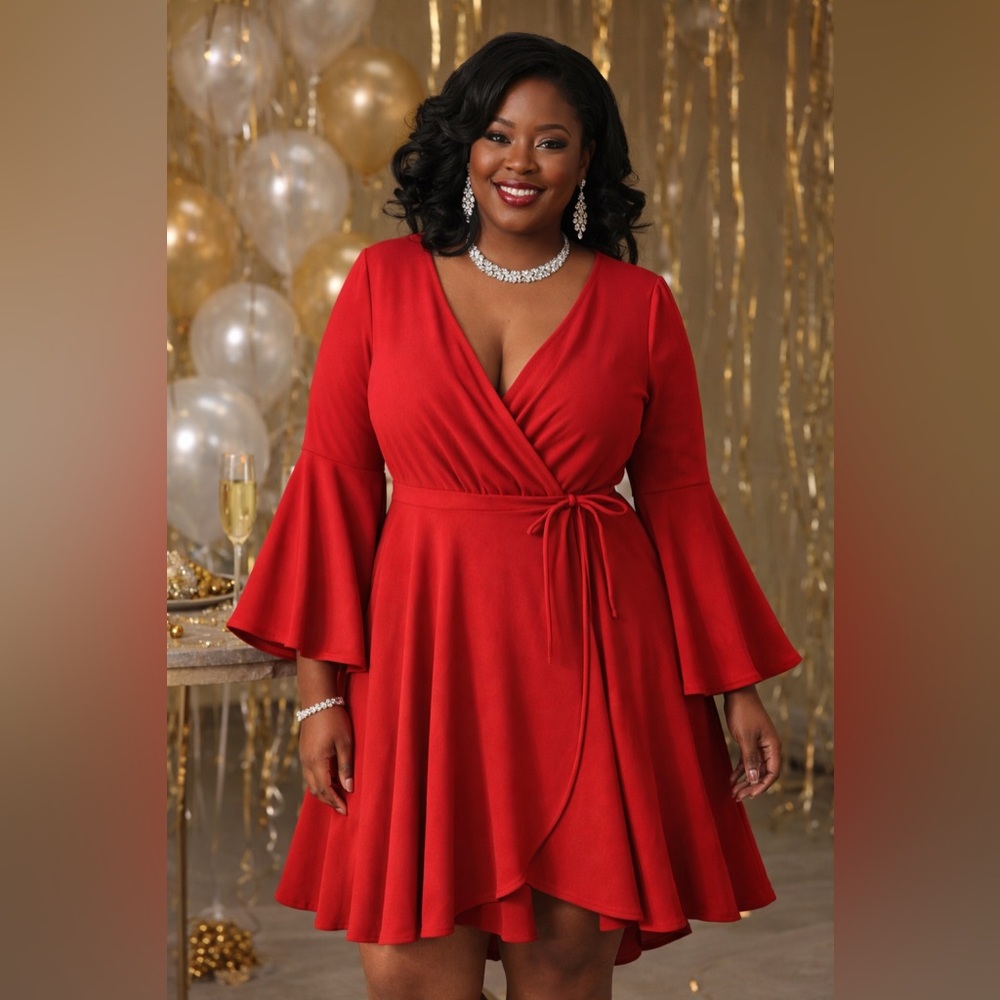 Love Squared Red Faux Wrap V Line Dress Bell Sleeves Decorative Tie Plus Size